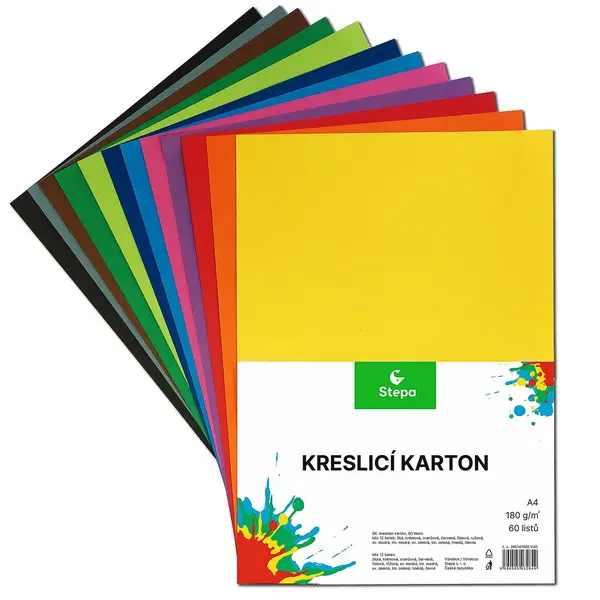 Karton kreslící A4 180 g 12 barev mix 60 archů